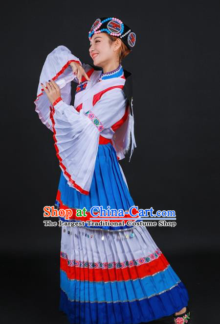 Chinese Traditional Lijiang Naxi Nationality Stage Show Blue Dress Ethnic Minority Folk Dance Costume for Women