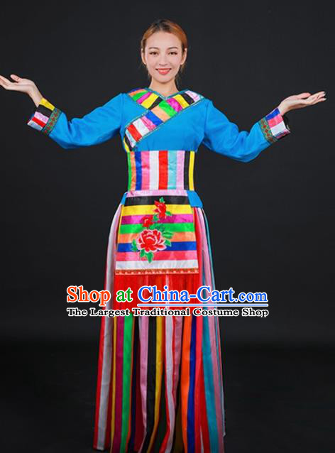 Chinese Traditional Moinba Nationality Stage Show Dress Ethnic Minority Folk Dance Costume for Women