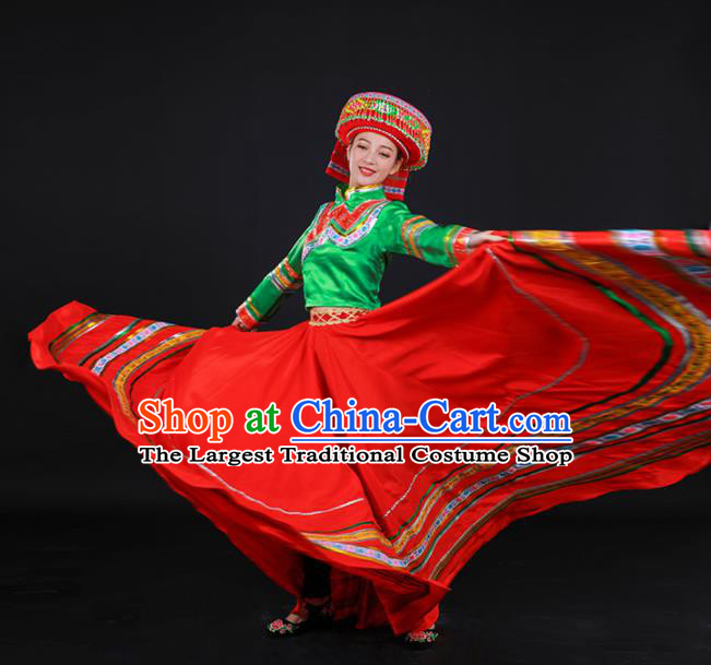 Chinese Traditional Lisu Nationality Stage Show Red Dress Ethnic Minority Folk Dance Costume for Women