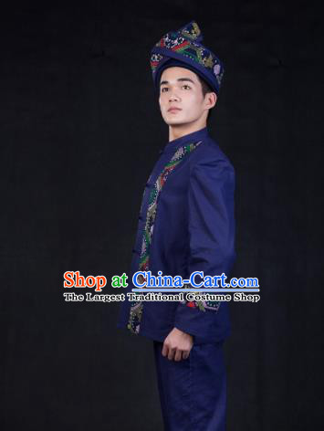 Chinese Traditional Zhuang Nationality Festival Compere Navy Outfits Ethnic Minority Folk Dance Stage Show Costume for Men