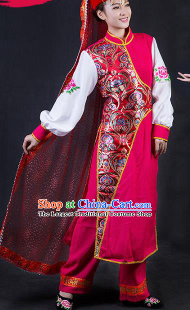 Chinese Traditional Bonan Nationality Stage Show Rosy Dress Ethnic Minority Folk Dance Costume for Women