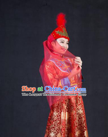 Chinese Traditional Ewenki Nationality Stage Show Wedding Red Dress Ethnic Minority Folk Dance Costume for Women