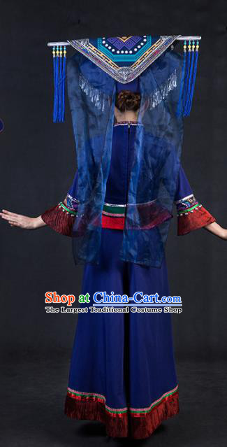 Chinese Traditional Zhuang Nationality Stage Show Navy Dress Ethnic Minority Folk Dance Costume for Women