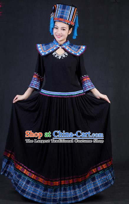 Chinese Traditional Yao Nationality Stage Show Black Dress Ethnic Minority Folk Dance Costume for Women