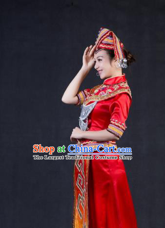 Chinese Traditional Zhuang Nationality Stage Show Red Dress Ethnic Minority Folk Dance Costume for Women