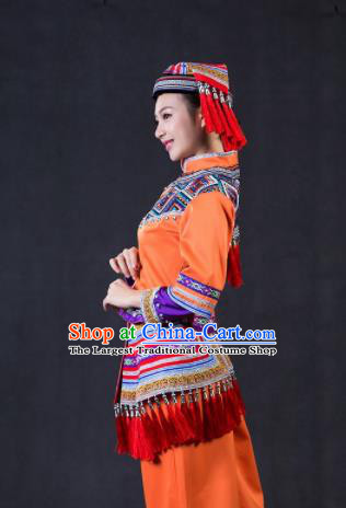 Chinese Traditional Yao Nationality Stage Show Orange Outfits Ethnic Minority Folk Dance Costume for Women