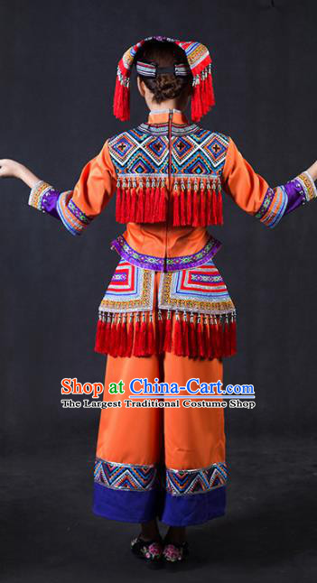 Chinese Traditional Yao Nationality Stage Show Orange Outfits Ethnic Minority Folk Dance Costume for Women
