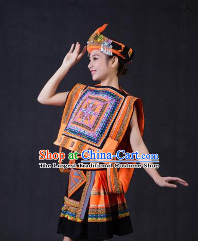 Chinese Traditional Yao Nationality Stage Show Orange Short Dress Ethnic Minority Folk Dance Costume for Women