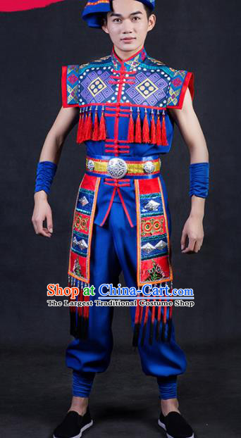 Chinese Traditional Yao Nationality Festival Compere Royalblue Outfits Ethnic Minority Folk Dance Stage Show Costume for Men