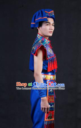 Chinese Traditional Yao Nationality Festival Compere Royalblue Outfits Ethnic Minority Folk Dance Stage Show Costume for Men