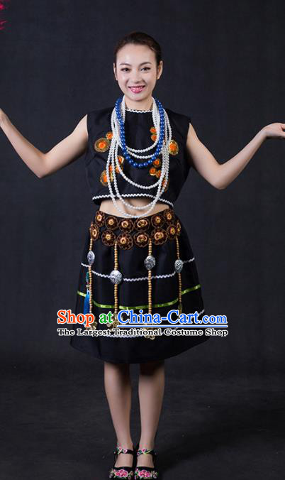 Chinese Traditional Moinba Nationality Stage Show Black Short Dress Ethnic Minority Folk Dance Costume for Women
