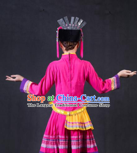 Chinese Traditional Yao Nationality Stage Show Rosy Short Dress Ethnic Minority Folk Dance Costume for Women