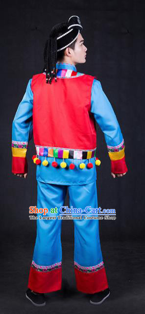 Chinese Traditional Yao Nationality Festival Compere Blue Outfits Ethnic Minority Folk Dance Stage Show Costume for Men