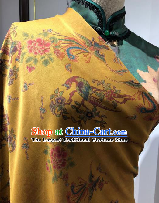 Asian Chinese Traditional Phoenix Peony Pattern Design Ginger Gambiered Guangdong Gauze Fabric Silk Material