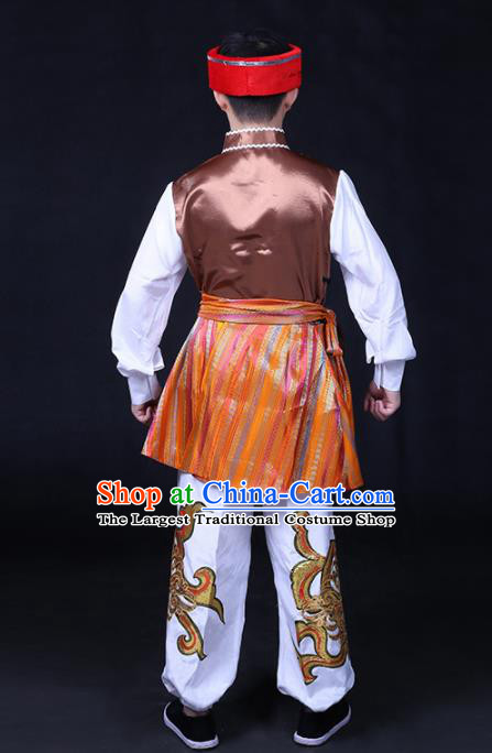 Chinese Traditional Moinba Nationality Festival Compere Brown Outfits Ethnic Minority Folk Dance Stage Show Costume for Men