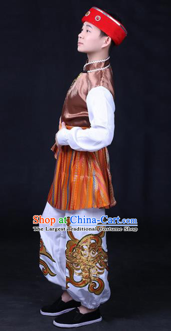 Chinese Traditional Moinba Nationality Festival Compere Brown Outfits Ethnic Minority Folk Dance Stage Show Costume for Men