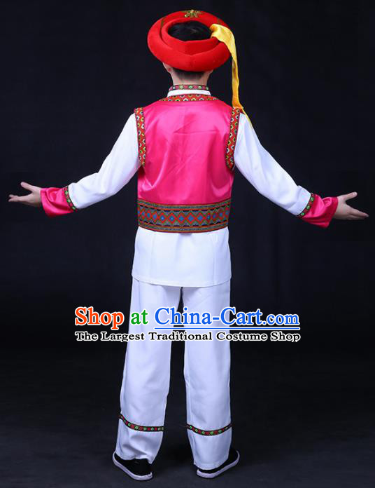 Chinese Traditional Bai Nationality Festival Compere Rosy Outfits Ethnic Minority Folk Dance Stage Show Costume for Men