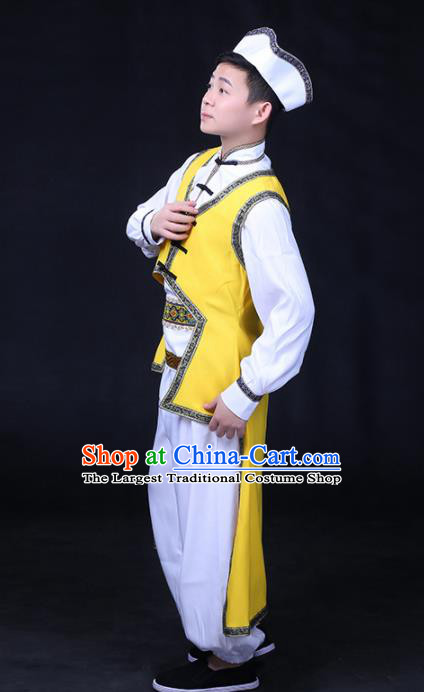 Chinese Traditional Daur Nationality Festival Compere Yellow Outfits Ethnic Minority Folk Dance Stage Show Costume for Men
