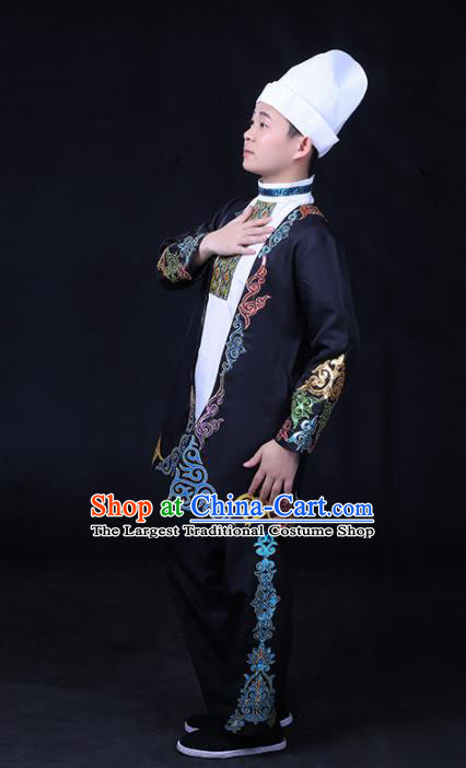 Chinese Traditional Khalkhas Nationality Festival Compere Black Outfits Ethnic Minority Folk Dance Stage Show Costume for Men