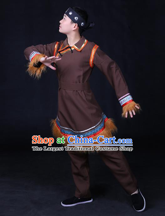 Chinese Traditional Ewenki Nationality Compere Brown Outfits Ethnic Minority Folk Dance Stage Show Festival Costume for Men