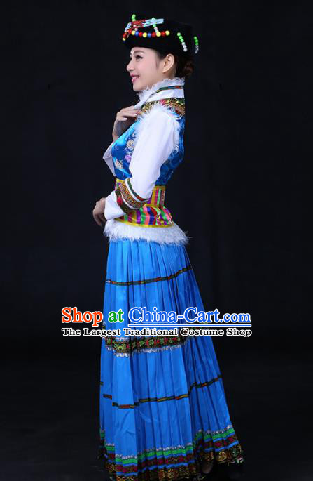 Chinese Traditional Pumi Nationality Stage Show Blue Long Dress Ethnic Minority Folk Dance Costume for Women