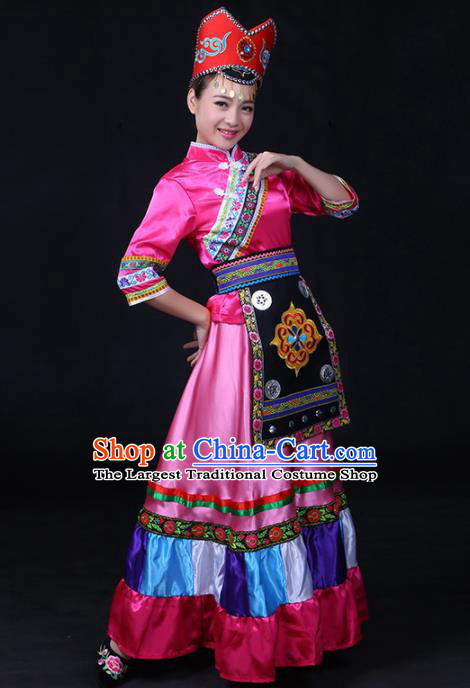 Chinese Traditional Gelao Nationality Stage Show Rosy Long Dress Ethnic Minority Folk Dance Costume for Women