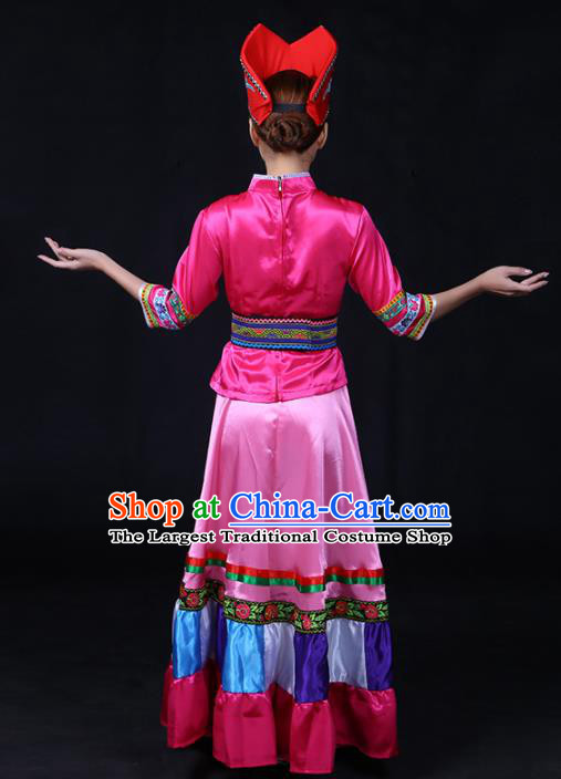 Chinese Traditional Gelao Nationality Stage Show Rosy Long Dress Ethnic Minority Folk Dance Costume for Women
