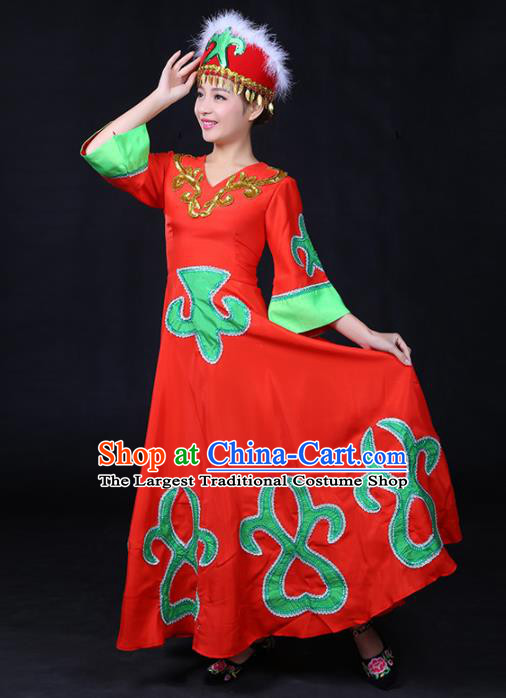 Chinese Traditional Daur Nationality Stage Show Red Dress Ethnic Minority Folk Dance Costume for Women