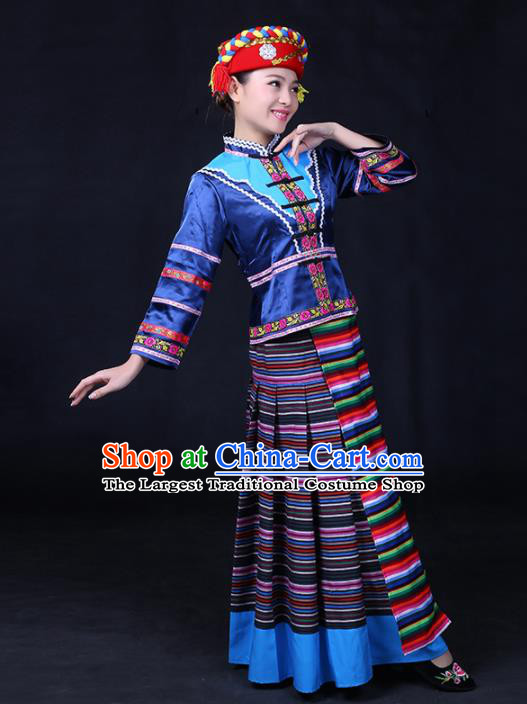 Chinese Traditional Menba Nationality Stage Show Navy Dress Ethnic Minority Folk Dance Costume for Women