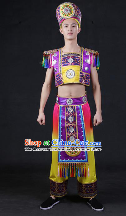 Chinese Traditional Zhuang Nationality Compere Purple Outfits Ethnic Minority Folk Dance Stage Show Festival Costume for Men