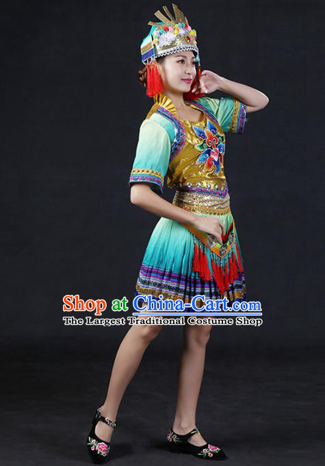Chinese Traditional Yao Nationality Stage Show Green Short Dress Ethnic Minority Folk Dance Costume for Women