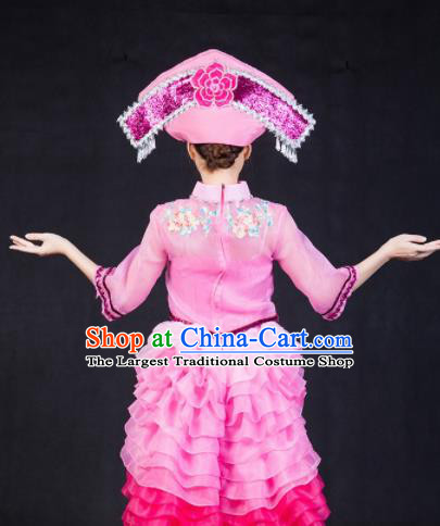 Chinese Traditional Zhuang Nationality Stage Show Pink Short Dress Ethnic Minority Folk Dance Costume for Women