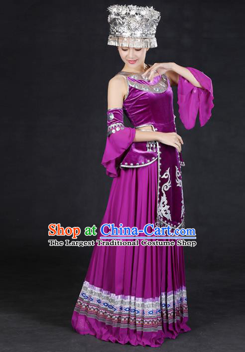 Chinese Traditional Miao Nationality Stage Show Purple Long Dress Ethnic Minority Folk Dance Costume for Women