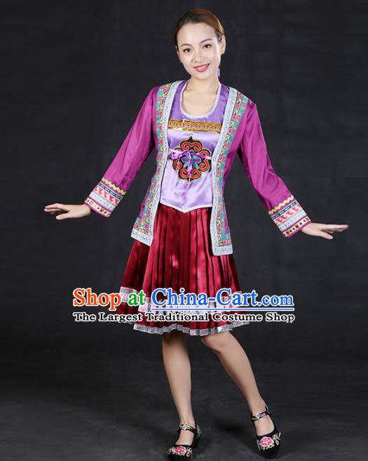 Chinese Traditional Dong Nationality Stage Show Short Dress Ethnic Minority Folk Dance Costume for Women