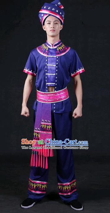 Chinese Traditional Zhuang Nationality Compere Navy Outfits Ethnic Minority Folk Dance Stage Show Festival Costume for Men