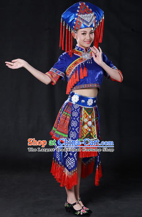 Chinese Traditional Guangxi Zhuang Nationality Royalblue Short Dress Ethnic Minority Folk Dance Stage Show Costume for Women