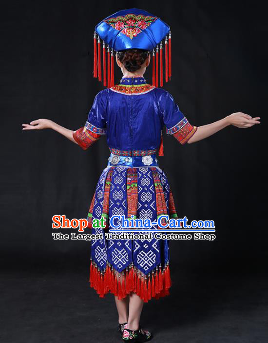 Chinese Traditional Guangxi Zhuang Nationality Royalblue Short Dress Ethnic Minority Folk Dance Stage Show Costume for Women