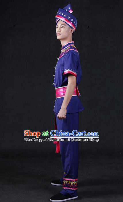 Chinese Traditional Zhuang Nationality Compere Navy Outfits Ethnic Minority Folk Dance Stage Show Festival Costume for Men