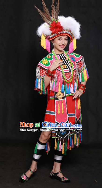 Chinese Traditional Gaoshan Nationality Red Short Dress Ethnic Minority Folk Dance Stage Show Costume for Women