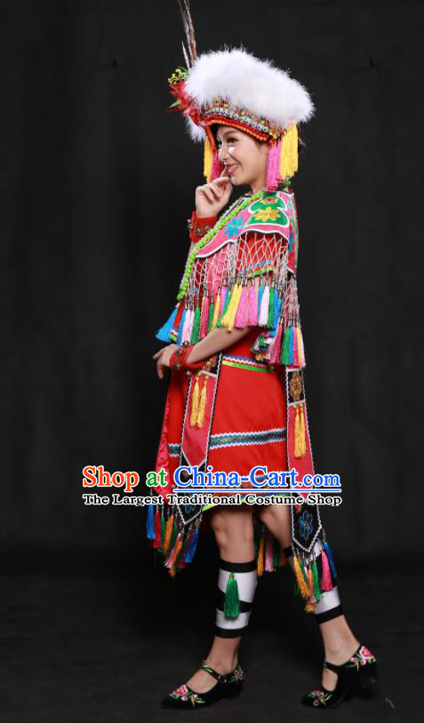 Chinese Traditional Gaoshan Nationality Red Short Dress Ethnic Minority Folk Dance Stage Show Costume for Women