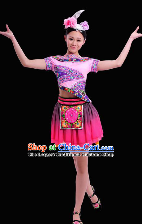 Chinese Traditional Miao Nationality Pink Short Dress Ethnic Minority Folk Dance Stage Show Costume for Women