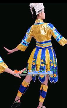 Chinese Traditional Miao Nationality Golden Short Dress Ethnic Minority Folk Dance Stage Show Costume for Women