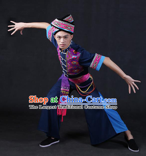 Chinese Traditional Zhuang Nationality Navy Outfits Ethnic Minority Folk Dance Stage Show Compere Festival Costume for Men