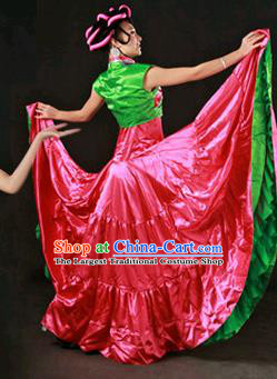 Chinese Traditional Yi Nationality Rosy Dress Ethnic Minority Folk Dance Stage Show Costume for Women