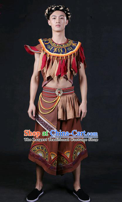 Chinese Traditional Zhuang Nationality Brown Outfits Ethnic Minority Folk Dance Stage Show Compere Festival Costume for Men