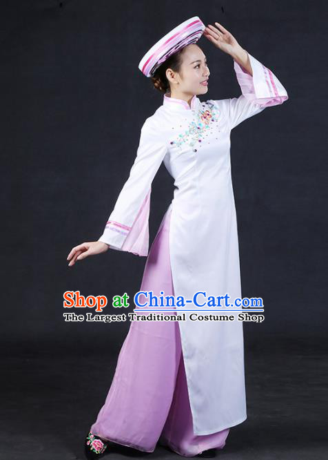 Chinese Traditional Jing Nationality Stage Show White Qipao Dress Ethnic Minority Folk Dance Costume for Women