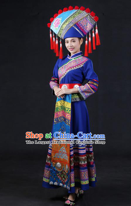 Chinese Traditional Guangxi Zhuang Nationality Stage Show Blue Dress Ethnic Minority Folk Dance Costume for Women