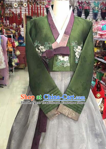 Korean Traditional Hanbok Atrovirens Blouse and Grey Dress Asian Korea Princess Fashion Costume for Women