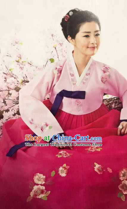 Korean Traditional Hanbok Mother of the Bride Blouse and Rosy Dress Outfit Asian Korea Fashion Costume for Women