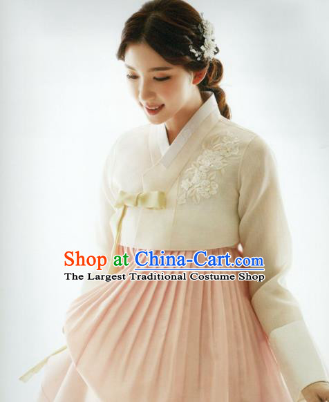 Korean Traditional Hanbok Bride White Blouse and Pink Dress Outfits Asian Korea Fashion Costume for Women